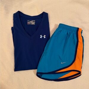 Workout set women’s XS Nike running shorts under armour tee 🏃🏽‍♀️🧢🍊